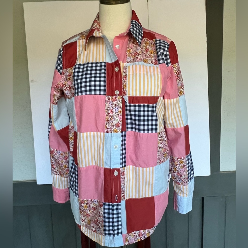 Gingham Floral Print Patchwork Cotton Poplin Boyfriend Button Up Blouse